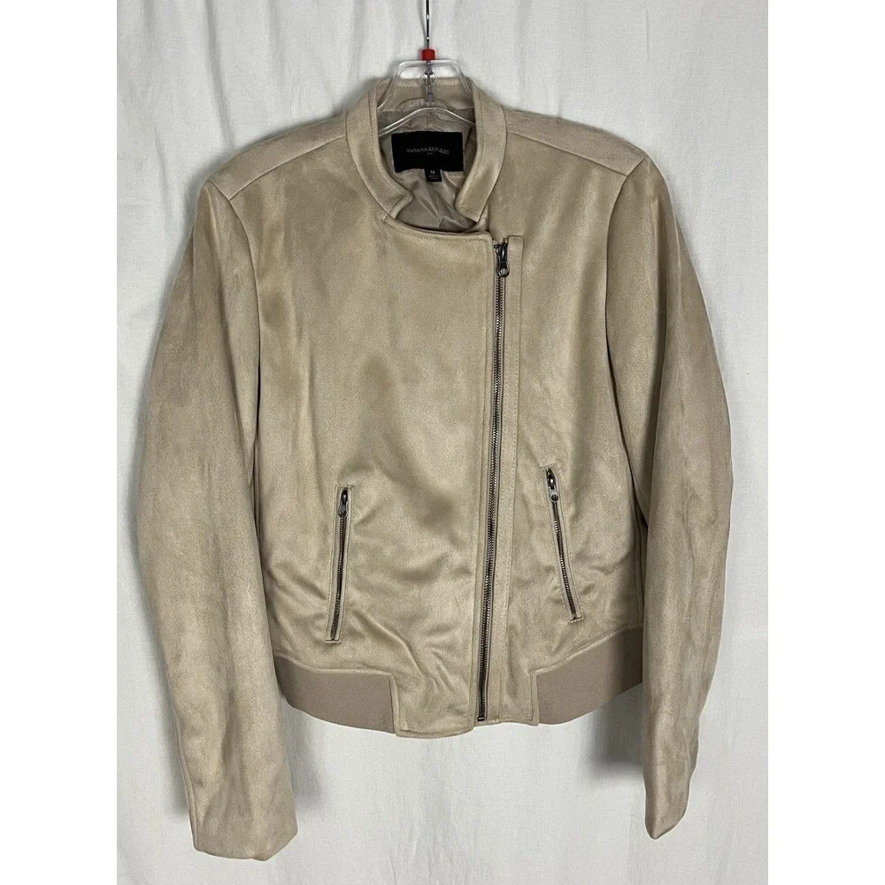 Banana Republic Size‎ M Faux Suede Moto Bomber Jacket Tan Asymmetrical Zipper